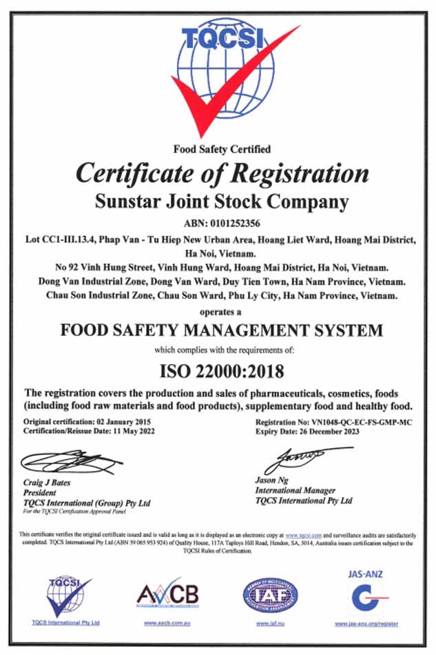 The company has awarded Food safety management system